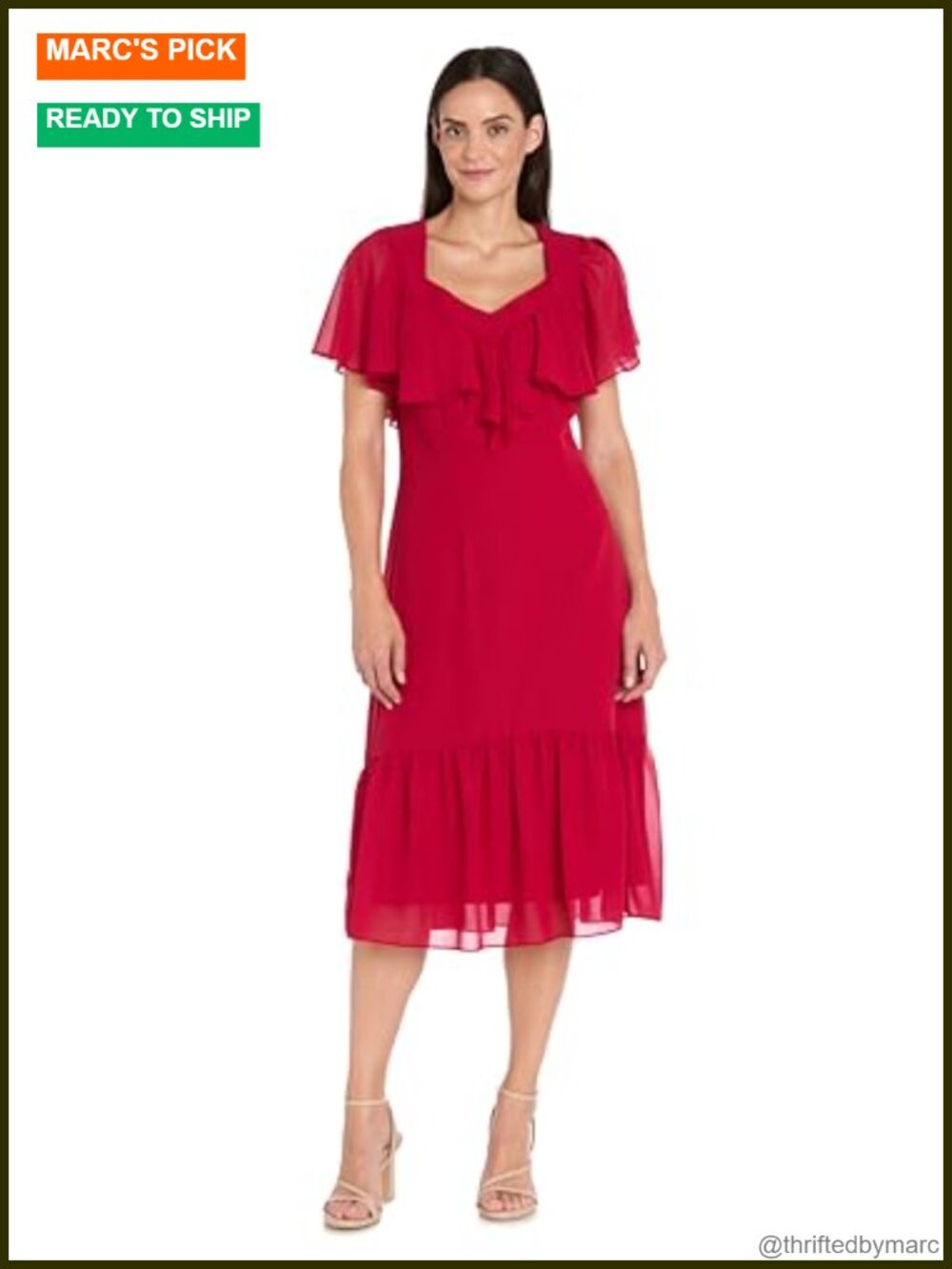 R&M Richards Chiffon Sweetheart Capelet Midi Dress Shirred Tier Skirt Formal